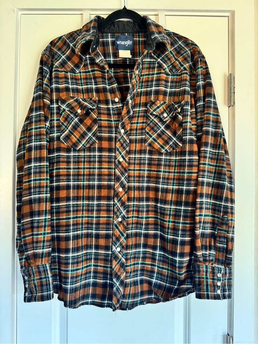 Vintage 90s Wrangler Heavyweight Flannel Pearl Snap Western Shirt Mens Large Tal